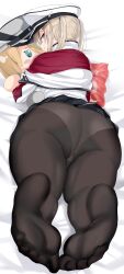 Rule 34 | 1girl, ass, blonde hair, blue eyes, feet, graf zeppelin (kancolle), hat, highres, kantai collection, long hair, looking at viewer, looking back, lying, on stomach, panties, panties under pantyhose, pantyhose, soles, toes, twintails, underwear