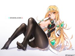 Rule 34 | 1girl, backless dress, backless outfit, bare legs, bare shoulders, black pantyhose, blonde hair, breasts, cawang, chest jewel, cleavage, cleavage cutout, clothing cutout, commentary request, dress, earrings, elbow gloves, feet, gloves, jewelry, large breasts, long hair, mythra (massive melee) (xenoblade), mythra (xenoblade), nintendo, pantyhose, short dress, solo, super smash bros., swept bangs, thigh strap, tiara, very long hair, white dress, white gloves, xenoblade chronicles (series), xenoblade chronicles 2, yellow eyes