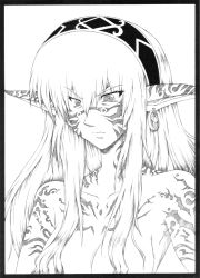 Rule 34 | 1girl, breasts, brpfox, collarbone, culdcept, earrings, elf, frown, greyscale, highres, jewelry, kigi, long hair, monochrome, no nipples, nude, pointy ears, scowl, sketch, solo, tattoo, upper body