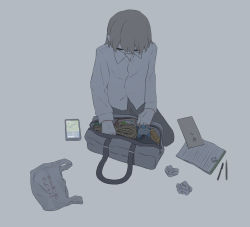 Rule 34 | 1boy, absurdres, avogado6, bag, black pants, bottle, brown hair, cellphone, commentary request, crumpled paper, eraser, closed eyes, from above, highres, kneeling, long sleeves, male focus, notepad, original, pants, pen, pencil, phone, rope, shirt, smartphone, solo, translation request, water bottle, white shirt