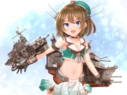 Rule 34 | 1girl, beret, black gloves, blue eyes, breasts, brown hair, cleavage, commentary request, crop top, gloves, green hat, hair ornament, hairclip, hat, hat ribbon, headgear, highres, kantai collection, looking at viewer, machinery, maya (kancolle), maya kai ni (kancolle), medium breasts, midriff, mini hat, pleated skirt, red ribbon, ribbon, short hair, skirt, sleeveless, smile, solo, suzushiro (gripen39), white skirt, x hair ornament