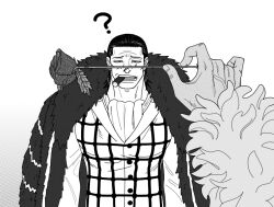 Rule 34 | 2boys, ?, ascot, black hair, cigar, coat, crocodile (one piece), dark-skinned male, dark skin, donquixote doflamingo, flower, fur coat, greyscale, hair slicked back, holding, holding flower, large pectorals, male focus, mature male, medium hair, mg cls, monochrome, multiple boys, one piece, pectorals, pov, pov hands, rose, scar, scar on face, scar on nose, sideburns, stitches, upper body, veins, veiny hands