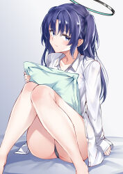 Rule 34 | 1girl, bare legs, barefoot, black panties, blue archive, blue eyes, blue hair, closed mouth, collarbone, collared shirt, commentary request, feet out of frame, full body, gradient background, grey background, hair between eyes, halo, highres, holding, holding pillow, irohara, knees together feet apart, knees up, long sleeves, looking at viewer, panties, parted bangs, pillow, shirt, sitting, sleeves past wrists, solo, two side up, underwear, white shirt, yuuka (blue archive)