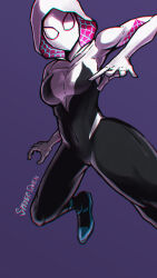 Rule 34 | 1girl, ballet slippers, black bodysuit, blue footwear, bodysuit, breasts, character name, chromatic aberration, cleavage, collarbone, commentary, covered navel, foot out of frame, foot up, foreshortening, highres, hood, hood up, impossible bodysuit, impossible clothes, jumping, looking at viewer, marvel, mask, medium breasts, multicolored bodysuit, multicolored clothes, outstretched arms, pink bodysuit, purple background, rokuwatto, simple background, skin tight, solo, spider-gwen, spider-man: into the spider-verse, spider-man (series), spider-verse, superhero costume, white bodysuit