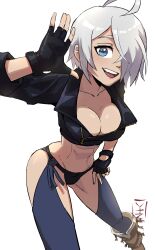 Rule 34 | 1girl, absurdres, angel (kof), backless pants, blue eyes, boots, bra, breasts, chaps, cleavage, cowboy boots, crop top, cropped jacket, fingerless gloves, foreshortening, full body, gloves, hair over one eye, highres, jacket, large breasts, leather, leather jacket, looking at viewer, midriff, navel, open mouth, panties, pants, short hair, smile, snk, solo, strapless, strapless bra, the king of fighters, the king of fighters xiv, toned, underwear, white hair, yakutzan