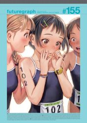 Rule 34 | 10s, 2016, 3girls, :d, armpits, bare arms, bare shoulders, black eyes, black hair, blonde hair, blue one-piece swimsuit, blunt bangs, blush, bodypaint, braid, breasts, brown eyes, collarbone, competition school swimsuit, dark-skinned female, dark skin, english text, finger to mouth, flat chest, futuregraph, grin, hair ornament, hair over shoulder, hair tie, hairclip, happy tears, highres, long hair, looking down, multiple girls, murata range, one-piece swimsuit, open mouth, parted lips, round teeth, school swimsuit, short hair, simple background, single braid, small breasts, smile, swimsuit, tareme, tears, teeth, watch, white background, wristband, wristwatch
