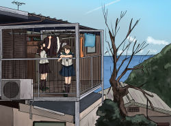 Rule 34 | 2girls, air conditioner, bad id, bad pixiv id, balcony, black hair, black sailor collar, black socks, blue sailor collar, blue skirt, blue sky, brown eyes, brown hair, cloud, day, fubuki (kancolle), highres, house, kantai collection, kneehighs, kuragare, laundry, low ponytail, low twintails, multiple girls, outdoors, parted bangs, pleated skirt, ponytail, sailor collar, scenery, school uniform, serafuku, shirayuki (kancolle), short ponytail, short twintails, sidelocks, skirt, sky, slippers, socks, solo, standing, tree, twintails