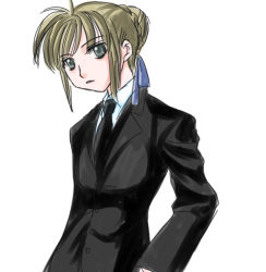 Rule 34 | 00s, 1girl, artoria pendragon (all), artoria pendragon (fate), black necktie, black suit, blazer, collared shirt, fate/stay night, fate/zero, fate (series), formal, jacket, necktie, pant suit, pants, saber (fate), shirt, solo, suit, white shirt