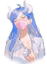 Rule 34 | 1girl, blue hair, blush, breasts, cleavage, closed eyes, collared shirt, cropped torso, horns, large breasts, long hair, mask, mouth mask, multicolored hair, one piece, portrait, raine (acke2445), red hair, shirt, small sweatdrop, two-tone hair, ulti (one piece), white shirt