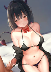 Rule 34 | 1girl, bad id, bad pixiv id, bare shoulders, bikini, black bikini, black hair, black jacket, bow, bowtie, breasts, brown eyes, censored, cleavage, collarbone, demon girl, demon horns, demon tail, covered erect nipples, erection, groin, halterneck, halterneck, handjob, horns, jacket, large breasts, medium hair, mosaic censoring, navel, off shoulder, open clothes, open jacket, original, penis, red neckwear, smile, solo focus, stomach, string bikini, demon girl, suzuame yatsumi, sweat, swimsuit, tail, thighs