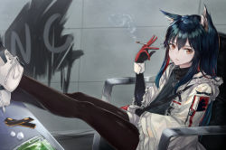 Rule 34 | 1girl, absurdres, animal ear fluff, animal ears, arknights, black hair, black pantyhose, black shirt, brown eyes, chair, cigarette, commentary, feet out of frame, gloves, graffiti, hair between eyes, hakua mill, hand up, highres, holding, holding cigarette, id card, indoors, jacket, jewelry, long hair, long sleeves, looking at viewer, multicolored hair, official alternate costume, open clothes, open jacket, pantyhose, parted lips, pendant, red hair, shirt, shoes, short shorts, shorts, sitting, smoke, solo, sugar cube, texas (arknights), texas (winter messenger) (arknights), thighs, white footwear, white jacket, white shorts, wolf ears