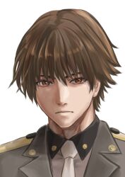 Rule 34 | 1boy, ankoh, brown eyes, brown hair, closed mouth, collared shirt, commander (nikke), frown, goddess of victory: nikke, jacket, looking at viewer, military jacket, military uniform, necktie, portrait, shirt, short hair, simple background, solo, uniform, white necktie