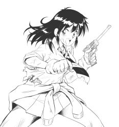 Rule 34 | 1980s (style), 1girl, bichosan, clothes around waist, coppelion, cowboy shot, gloves, greyscale, gun, handgun, highres, lineart, long hair, looking at viewer, miniskirt, monochrome, naruse ibara, necktie, oldschool, open mouth, parody, pleated skirt, retro artstyle, scratches, skirt, sleeves rolled up, solo, striped necktie, striped neckwear, style parody, weapon, white background