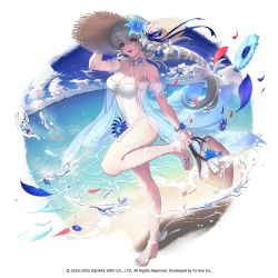 Rule 34 | 1girl, arm tattoo, bag, beach, breasts, clair lasbard, cleavage, cloud, cloudy sky, company name, cross-laced footwear, flower, hat, large breasts, leg tattoo, long hair, looking at viewer, ocean, official art, one-piece swimsuit, petals, sandals, silver hair, sky, smile, star ocean, star ocean anamnesis, star ocean till the end of time, summer, sun hat, swimsuit, tattoo, water
