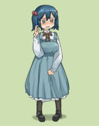 Rule 34 | 1girl, alternate costume, black bow, black bowtie, black footwear, blue dress, blue eyes, blue hair, blush, bow, bowtie, brown hair, brown pantyhose, dress, embarrassed, green background, hair bobbles, hair ornament, hand up, kawashiro nitori, long sleeves, medium hair, megame (okbnkn), pantyhose, parted lips, pigeon-toed, pinafore dress, shirt, shoes, simple background, sleeveless dress, solo, standing, touhou, twintails, white shirt