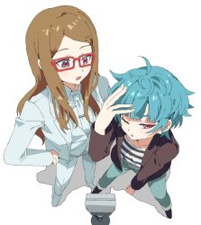 Rule 34 | 2girls, :o, akai meganee, blue hair, blue pants, blunt bangs, brown hair, brown jacket, collared shirt, commentary request, formal, from above, full body, glasses, hand on own head, hand on own hip, highres, jacket, legs apart, long hair, long sleeves, looking at another, looking to the side, microphone stand, multiple girls, necktie, omega auru, one eye closed, open mouth, pants, pretty series, red-framed eyewear, shirt, short hair, simple background, standing, striped clothes, striped shirt, suit, swept bangs, tsujii luki, waccha primagi!, white background, white jacket, white necktie, white pants, white shirt, white suit