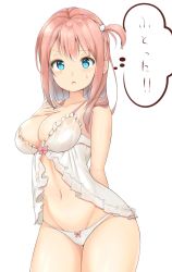 Rule 34 | 1girl, arm behind back, aymusk, babydoll, bare arms, bare shoulders, blue eyes, blunt bangs, blush, bow, bow panties, breasts, brown hair, cat hair ornament, cleavage, collarbone, cowboy shot, frills, groin, hair ornament, hand on own chest, hand up, highres, large breasts, lingerie, long hair, looking at viewer, navel, one side up, open mouth, original, panties, pink bow, solo, standing, stomach, sweatdrop, translated, transparent background, underwear, underwear only, white panties
