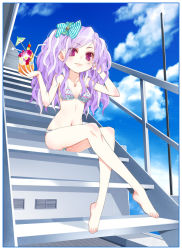 Rule 34 | 1girl, barefoot, bikini, blush, bow, breasts, cleavage, cloud, day, drink, hair bow, jewelry, kujou non, long hair, navel, original, pendant, petite, purple eyes, purple hair, sitting, sitting on stairs, sky, small breasts, stairs, swimsuit