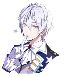 Rule 34 | 1boy, blue eyes, bow, finger to mouth, gloves, idol clothes, long sleeves, looking at viewer, male focus, murashige-lu, profile, short hair, shushing, solo, star revolution, tsurugi mio, white background, white bow, white gloves, white hair
