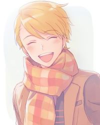 Rule 34 | 10s, 1boy, blonde hair, blue background, blush, closed eyes, idolmaster, idolmaster side-m, maita rui, male focus, nona (831korokke), open mouth, scarf, smile, solo, upper body, winter clothes