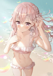 Rule 34 | 1girl, arm up, bare arms, bare shoulders, beach, bikini, blush, bow, braid, breasts, closed mouth, collarbone, dated, day, frilled bikini, frills, grey eyes, hair between eyes, hair bow, hair ribbon, highres, inui sajuna, long hair, navel, neki (wakiko), outdoors, pink bikini, pink hair, pink ribbon, ribbon, sand, signature, small breasts, solo, sono bisque doll wa koi wo suru, standing, stomach, swimsuit, thighs, very long hair, water, white bow