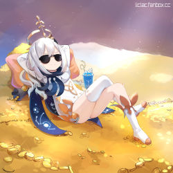 Rule 34 | 1girl, arms behind head, arms up, boots, closed mouth, coin, crazy straw, crossed legs, cup, disposable cup, dress, drinking straw, facing viewer, genshin impact, gold, hair between eyes, halo, highres, liclac, long hair, lying, mora (genshin impact), on back, paimon (genshin impact), silver hair, single thighhigh, smile, solo, sunglasses, thighhighs, thighhighs under boots, v-shaped eyebrows, watermark, web address, white dress, white footwear, white thighhighs
