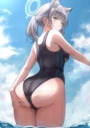 Rule 34 | 1girl, absurdres, animal ear fluff, animal ears, ass, ass grab, awnw, black one-piece swimsuit, blue archive, blue eyes, blue sky, blush, breasts, cloud, competition swimsuit, cowboy shot, day, ear piercing, extra ears, from behind, from below, grabbing own ass, grey hair, halo, highleg, highleg swimsuit, highres, legs together, long hair, looking at viewer, looking back, medium breasts, ocean, official alternate costume, one-piece swimsuit, outdoors, parted lips, piercing, ponytail, shiroko (blue archive), shiroko (swimsuit) (blue archive), sky, solo, standing, swimsuit, two-tone swimsuit, wading, wet, wolf ears