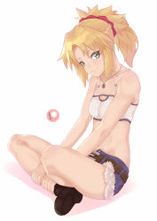 Rule 34 | 1girl, bad id, bad pixiv id, bare shoulders, belt, blonde hair, blush, braid, breasts, brown belt, commentary, darahan, english commentary, fate/apocrypha, fate (series), fur trim, green eyes, long hair, looking at viewer, mordred (fate), mordred (fate/apocrypha), mordred (memories at trifas) (fate), patreon logo, ponytail, shoes, short shorts, shorts, simple background, sitting, smile, solo, white background