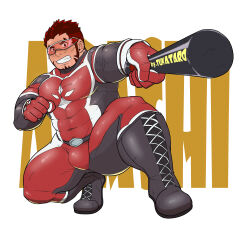 Rule 34 | 1boy, absurdres, akashi (live a hero), bara, baseball bat, bodysuit, bulge, facial hair, full body, goatee, grin, highres, holding, holding baseball bat, large pectorals, live a hero, long sideburns, looking at viewer, male focus, muscular, muscular male, outstretched arm, pectorals, red bodysuit, red eyes, red hair, scar, scar on face, scar on nose, short hair, sideburns, smile, solo, squatting, strongman waist, thick eyebrows, thick thighs, thighs, tunataro (27taro1)