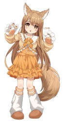 Rule 34 | 1girl, :o, absurdres, animal ears, animal hands, blush stickers, breasts, brown footwear, brown hair, claw pose, collar, dopamine70, dress, frilled collar, frilled dress, frills, full body, gloves, hands up, head tilt, highres, leg warmers, long hair, long sleeves, looking at viewer, open mouth, orange dress, original, paw gloves, shoes, short dress, simple background, small breasts, solo, standing, straight-on, straight hair, swept bangs, tail, white background, white collar, white gloves, yellow eyes