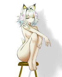 Rule 34 | 1girl, absurdres, animal ear fluff, animal ears, arknights, barefoot, breasts, cat ears, cat girl, cat tail, closed mouth, completely nude, flower, green eyes, grey hair, hair flower, hair ornament, highres, kal&#039;tsit (arknights), knees up, layton (sanlayton), looking at viewer, material growth, medium breasts, nude, oripathy lesion (arknights), pink flower, short hair, sitting, smile, solo, stool, tail