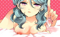 Rule 34 | 1girl, aqua hair, areola slip, beta (inazuma eleven), breasts, collarbone, condom, condom wrapper, inazuma eleven (series), inazuma eleven go, inazuma eleven go chrono stone, large breasts, lips, long hair, looking at viewer, nude, purple eyes, solo, sugimoto surume