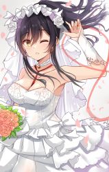 Rule 34 | 1girl, absurdres, amidada, arm up, bare shoulders, between breasts, black hair, blush, bouquet, breasts, brown eyes, cleavage, clothes between breasts, collarbone, dress, earrings, fingernails, flower, grey background, hair between eyes, hair flower, hair ornament, high ponytail, highres, idolmaster, idolmaster shiny colors, jewelry, large breasts, one eye closed, parted lips, petals, pink flower, pink rose, ponytail, red neckwear, rose, see-through, shirase sakuya, sidelocks, solo, strapless, strapless dress, veil, wedding dress, white dress, white flower, white rose