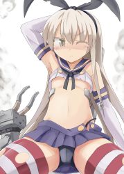 Rule 34 | 10s, 1girl, absurdres, arm up, armpits, black panties, blonde hair, blush, chain, elbow gloves, gloves, hair ornament, hairband, hayate (higan sakura), highres, kantai collection, long hair, looking at viewer, navel, nihyakumasuta, panties, personification, rensouhou-chan, shimakaze (kancolle), skirt, solo, spread legs, striped clothes, striped thighhighs, thighhighs, underwear, upskirt, white gloves, wince