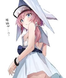 Rule 34 | 1girl, :o, arknights, black wristband, blue eyes, breasts, commentary request, dress, from behind, hat, highres, horn/wood, looking at viewer, pink hair, purestream (arknights), purple sash, sash, side ponytail, simple background, sketch, small breasts, solo, sweatdrop, translation request, visor cap, white background, white dress, white hat, wrist straps