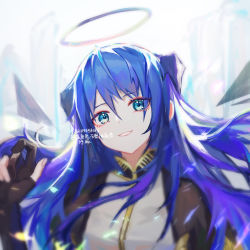 Rule 34 | 1girl, absurdres, arknights, black gloves, blue eyes, blue hair, commentary, gloves, grin, hair between eyes, halo, hand up, head tilt, highres, horns, long hair, looking at viewer, mostima (arknights), mostima (spellbreaker) (arknights), official alternate costume, smile, solo, upper body, xianyutu buxiangzuoxianyu