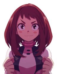 Rule 34 | 10s, 1girl, blush stickers, bodysuit, boku no hero academia, breasts, brown hair, clenched hand, face, liyart, looking at viewer, medium hair, simple background, smile, solo, uraraka ochako, white background