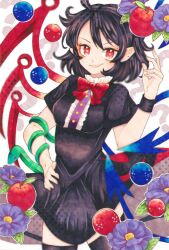 Rule 34 | 1girl, ?, absurdres, apple, asymmetrical wings, black dress, black hair, blue flower, blurry, breasts, depth of field, dress, flower, flower request, food, fruit, grin, hand on own hip, hand up, highres, houjuu nue, looking at viewer, marker (medium), medium breasts, messy hair, miyabiii oekaki, pointy ears, red eyes, short hair, simple background, smile, snake, solo, thighhighs, touhou, traditional media, white background, wings, wristband