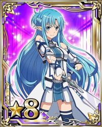 Rule 34 | 10s, 1girl, asuna (sao), asuna (sao-alo), blue eyes, blue hair, blue thighhighs, card (medium), detached sleeves, hand on own hip, holding, holding sword, holding weapon, long hair, looking at viewer, matching hair/eyes, pointy ears, skirt, solo, star (symbol), sword, sword art online, thighhighs, weapon, zettai ryouiki