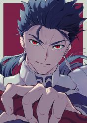 Rule 34 | 1boy, blue hair, cu chulainn (fate), cu chulainn (fate/stay night), earrings, energy, face, fate/extella, fate/extella link, fate/extra, fate/grand order, fate/stay night, fate (series), gae bolg (fate), highres, holding, holding polearm, holding weapon, jewelry, kiriko (onigiri21), light smile, long hair, looking at viewer, male focus, polearm, ponytail, red eyes, smile, solo, spear, weapon