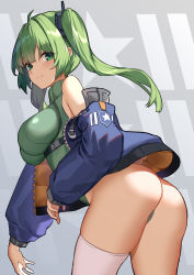 Rule 34 | 1girl, absurdres, ass, breasts, closed mouth, commentary request, cowboy shot, duan zhu, green eyes, green hair, grey background, hair ornament, highres, impossible clothes, impossible leotard, jacket, large breasts, last origin, leaning forward, leotard, light smile, lindwurm (last origin), long hair, looking back, off shoulder, open clothes, open jacket, simple background, single thighhigh, solo, thighhighs, twintails, white thighhighs