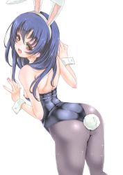 Rule 34 | 1girl, animal ears, arched back, ass, back, bare shoulders, black pantyhose, blue hair, blush, commentary request, cowboy shot, detached collar, fake animal ears, frapowa, from behind, hair between eyes, highres, leotard, long hair, looking at viewer, looking back, love live!, love live! school idol project, open mouth, pantyhose, playboy bunny, rabbit ears, rabbit tail, simple background, solo, sonoda umi, standing, tail, white background, yellow eyes