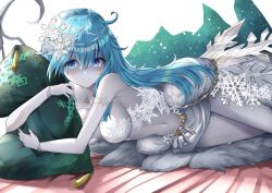 Rule 34 | 1girl, bed, blue eyes, blush, dress, long hair, looking at viewer, lying, miada (p&amp;d), puzzle &amp; dragons, very long hair, white dress
