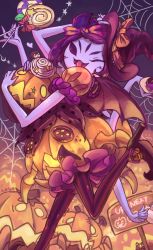 Rule 34 | 1girl, arthropod girl, black background, black hat, colored skin, cupcake, dated, extra arms, extra eyes, fangs, food, halloween, hat, high heels, highres, holding, holding food, holding pumpkin, holding vegetable, insect girl, jack-o&#039;-lantern, muffet, pantyhose, pumpkin, purple skin, spider girl, striped clothes, striped pantyhose, undertale, vegetable, vertical-striped clothes, vertical-striped pantyhose, witch hat