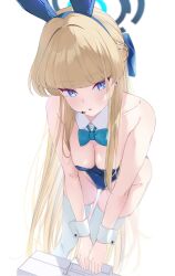 Rule 34 | 1girl, animal ears, bag, bare shoulders, blonde hair, blue archive, blue bow, blue bowtie, blue eyes, blue leotard, blush, bow, bowtie, breasts, buttons, collarbone, detached collar, earpiece, fake animal ears, hair bow, halo, highres, holding, holding bag, large breasts, leotard, long hair, looking at viewer, microphone, no panties, official alternate costume, open mouth, playboy bunny, rabbit ears, sidelocks, simple background, solo, standing, strapless, strapless leotard, thighhighs, toki (blue archive), toki (bunny) (blue archive), tomu (tom 309k), tongue, white background, white bag, white thighhighs, wing collar, wrist cuffs