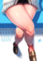 Rule 34 | 10s, 1girl, bench, blurry, brown footwear, cardigan, close-up, commentary request, copyright name, crossed legs, depth of field, gridman universe, highres, k.ty (amejin), knees, legs, loafers, microskirt, pleated skirt, red socks, school uniform, shiny skin, shoes, signature, sitting, skirt, socks, solo, ssss.gridman, takarada rikka, thick thighs, thighs, twitter username, veins