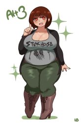 Rule 34 | 1girl, boots, breasts, brown eyes, brown footwear, brown hair, cleavage, ear piercing, highres, huge breasts, lightsource, nail polish, piercing, plump, purin (lightsource), smile, solo, thick eyebrows, thick thighs, thighs, wide hips