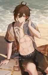 Rule 34 | 1boy, 329kome, abs, black shorts, brown hair, closed mouth, commission, earrings, english text, genshin impact, gradient hair, hair between eyes, hair over shoulder, highres, jewelry, long hair, looking at viewer, male focus, multicolored hair, necklace, open clothes, open shirt, orange eyes, orange hair, ponytail, sand, shirt, shorts, single earring, sitting, solo, sparkle, surfboard, tassel, tassel earrings, toned, toned male, vision (genshin impact), water, zhongli (genshin impact)