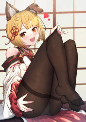 Rule 34 | 1girl, :d, animal ears, ass, bare shoulders, blonde hair, blush, breasts, brown pantyhose, cellphone, clothes pull, commentary, commentary request, detached sleeves, dog ears, dog girl, fang, feet, flower knot, full body, granblue fantasy, hair ribbon, heart, highres, legs up, long sleeves, looking at viewer, no shoes, open mouth, orange eyes, panties, panties under pantyhose, pantyhose, phone, red ribbon, ribbon, short hair, sideboob, sitting, small breasts, smartphone, smile, solo, symbol-only commentary, thighband pantyhose, underwear, uneg, vajra (granblue fantasy), white panties, wide sleeves