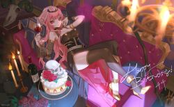 Rule 34 | 1girl, absurdres, black dress, black thighhighs, bottle, cake, couch, dress, english text, flower, food, high heels, highres, hololive, hololive english, horns, jyuma, long hair, lying, mori calliope, pink hair, red eyes, rose, skull, solo, thighhighs, virtual youtuber, weapon